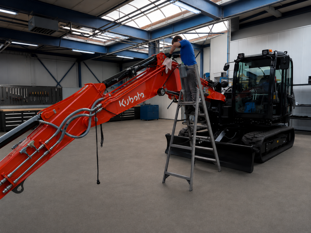 Schalkoort medewerker die voorbereidend werk aan het doen is, om de kraanmachine spuitklaar te maken