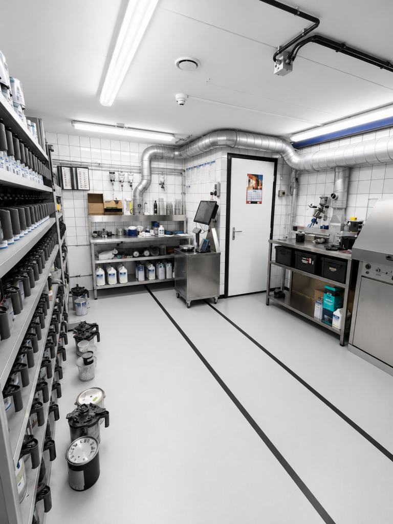 Moderne verfmengkamer van Schalkoort Car & Truck Repair voor nauwkeurige kleurmatching en professioneel spuitwerk.
